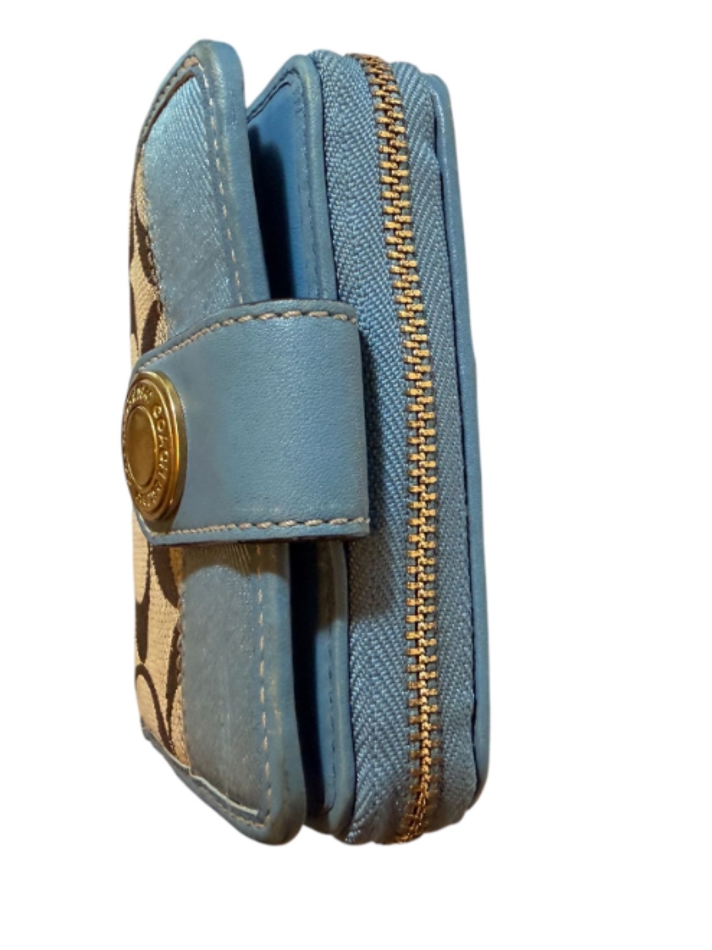 Coach Khaki Signature Blue Strim Leather Zip-Around Credit Card Wallet - Picture 5 of 13